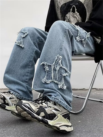 neue Mode Sterne Handtuch Stickerei braun baggy Männer Jeans Hosen y2k Kleidung gerade Hip Hop Baumwolle Hose Pantalon Homme