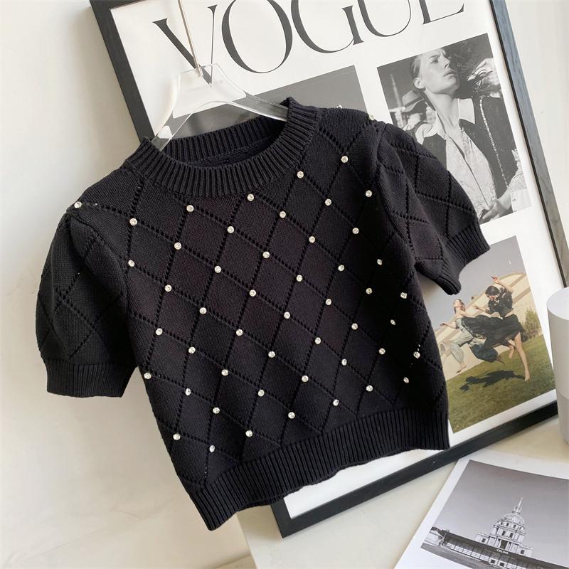 iamanten Argyle Strick Korean Pullover Frauen 2023 Sommer Kurzarm O-ansatz