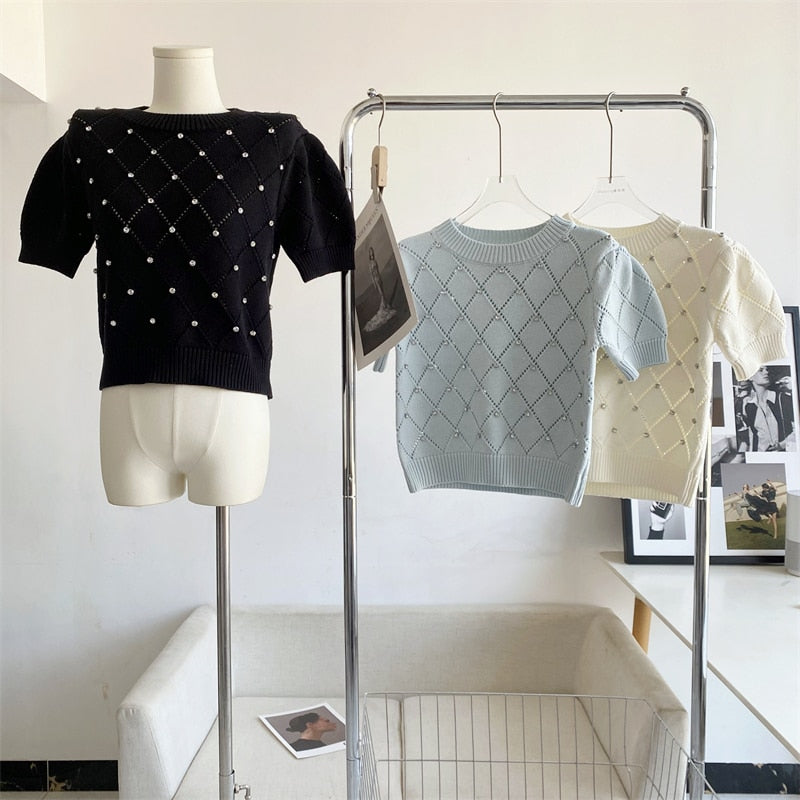 iamanten Argyle Strick Korean Pullover Frauen 2023 Sommer Kurzarm O-ansatz