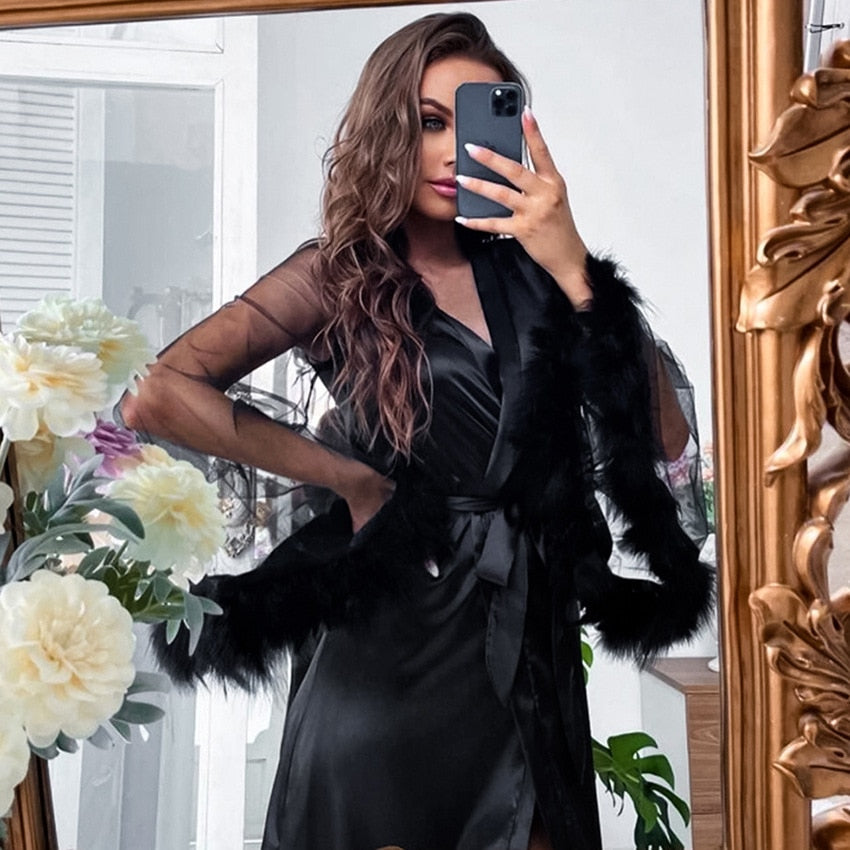 Lace Sleeve Robe Women Satin Feather Patchwork Bathrobe Kimono Gown Long Summer Nightgown Sleepdress Loose Bridal Loungewear