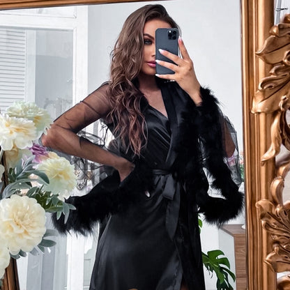Lace Sleeve Robe Women Satin Feather Patchwork Bathrobe Kimono Gown Long Summer Nightgown Sleepdress Loose Bridal Loungewear