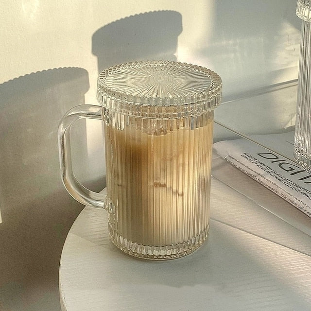 375Ml Simple Stripe Glass Cup With Lid and Straw Transparent Bubble Tea Cup Juice Glass Beer Can Milk Mocha Cups Breakfast Mug