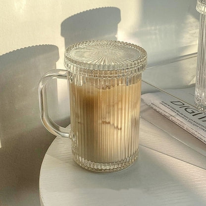 375Ml Simple Stripe Glass Cup With Lid and Straw Transparent Bubble Tea Cup Juice Glass Beer Can Milk Mocha Cups Breakfast Mug
