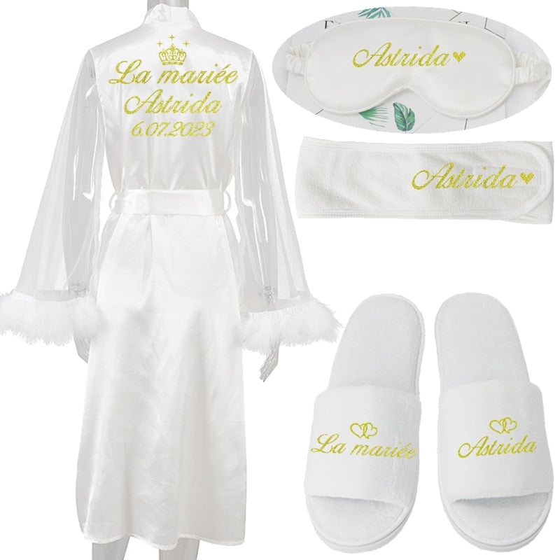 Anpassen Name Datum Hochzeit Feder Braut Robe Brautjungfer Bademantel Nachtwäsche Lange Elegante Frau Kleid Sexy Nachthemd für Party