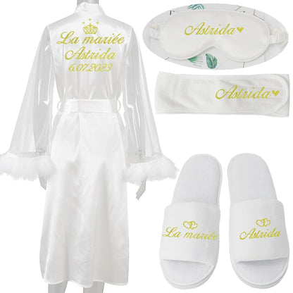 Anpassen Name Datum Hochzeit Feder Braut Robe Brautjungfer Bademantel Nachtwäsche Lange Elegante Frau Kleid Sexy Nachthemd für Party