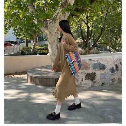 Autumn and winter long overknee wool skirt with tassels