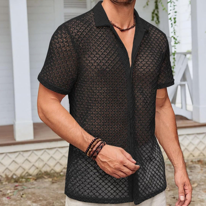 Sommer Mesh Kurzarm Shirt Mode Einfarbig Revers Shirt Tops Strand Männer Kleidung