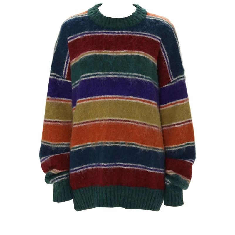 Retro Pullover mit kontrastierendem Regenbogen Rundhalsausschnitt für Damen