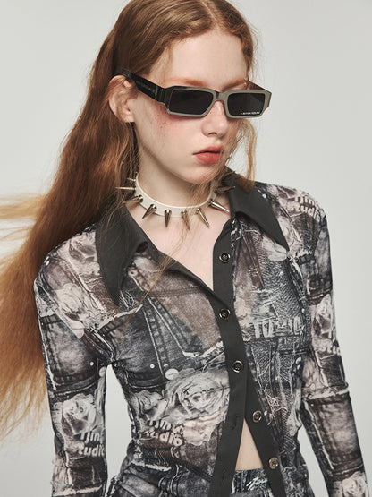 Mittellanges bedrucktes Mesh Hemd mit plissierter Taille