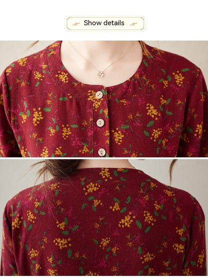 Künstlerisches Vintage-Blumenkleid aus Baumwolle und Leinen mit langen Ärmeln