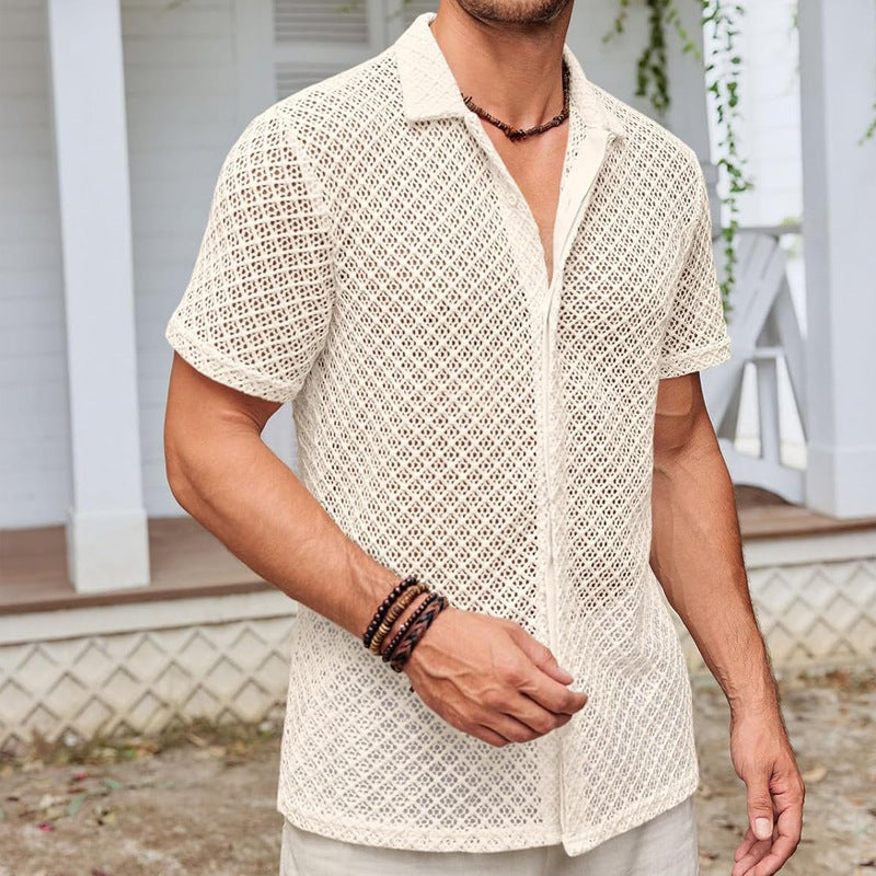 Sommer Mesh Kurzarm Shirt Mode Einfarbig Revers Shirt Tops Strand Männer Kleidung