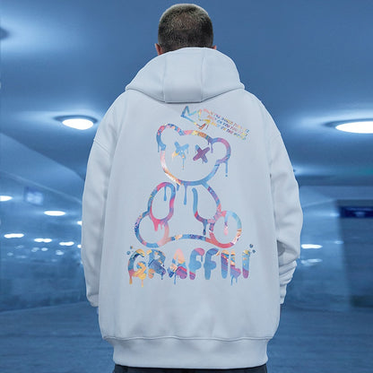 Graffiti Bear Print Men's Fleece Hoodie Retro Autumn Casual Pullover