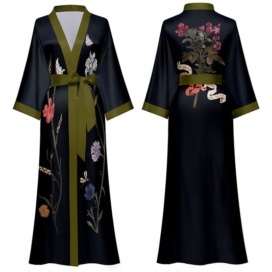 Schwarz Druck Blume Lange Robe Nachthemd Frühling Sommer Halb Hülse Kimono Bademantel Kleid Frauen Sexy Rayon Hause Kleid Loungewear