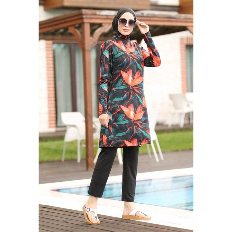 Frauen Muslimischen Bademode Maple Leaf Druck Lslamic Kleidung Hijab 3 Pcs Langen Ärmeln Sport Badeanzug Burkinis Badeanzug Abaya